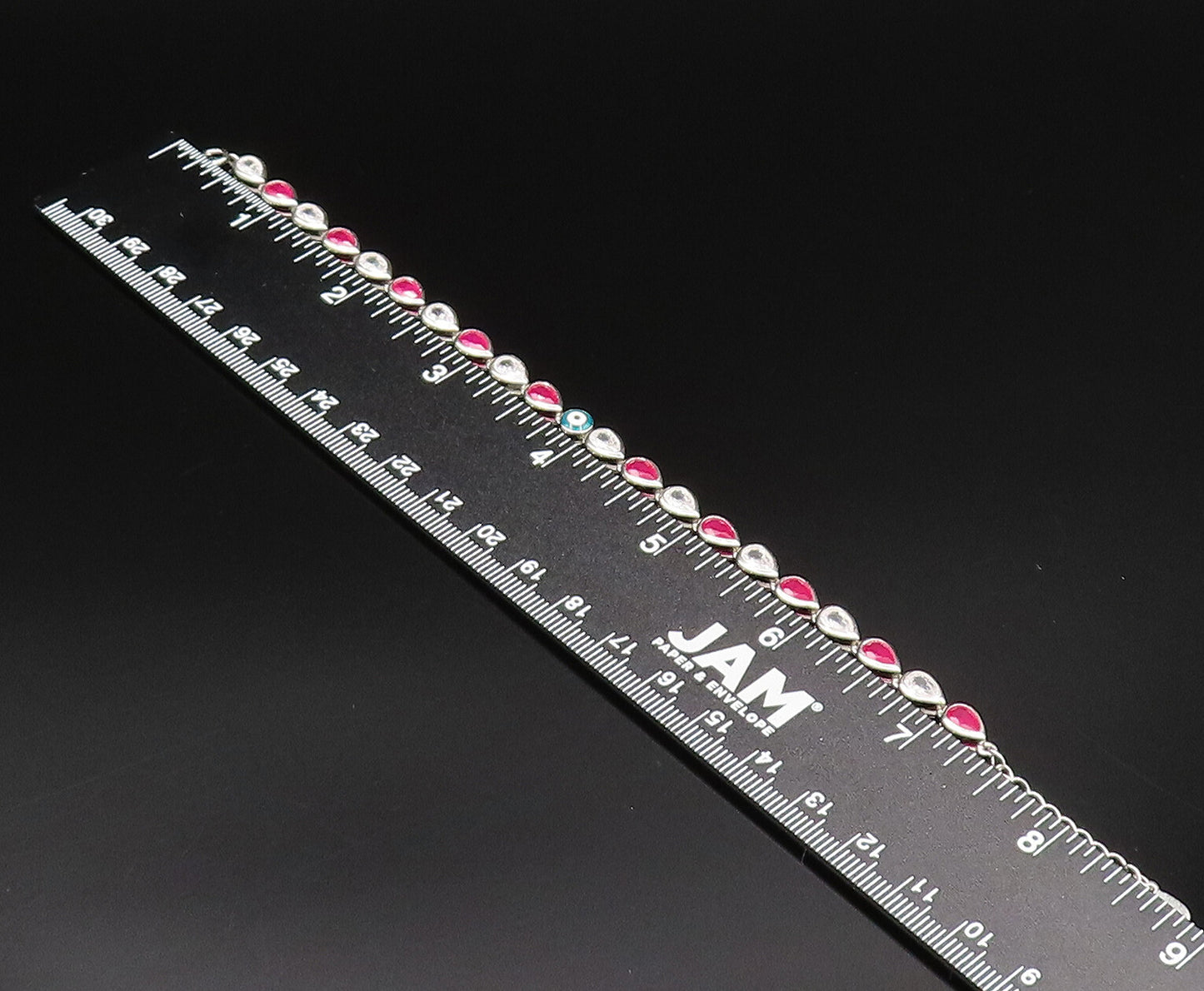 925 Silver  Vintage Enamel Evil Eye Pear Shaped Ruby & Topaz Bracelet  BT9569