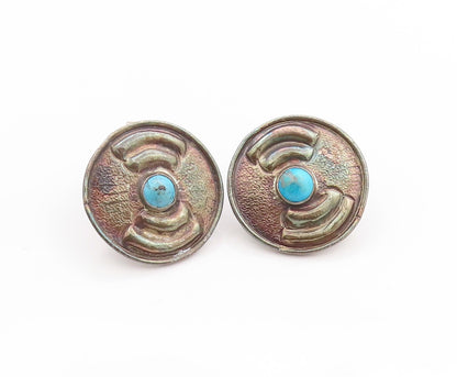 925 Sterling Silver Vintage Earrings Antique Etched Turquoise Disk  EG13593