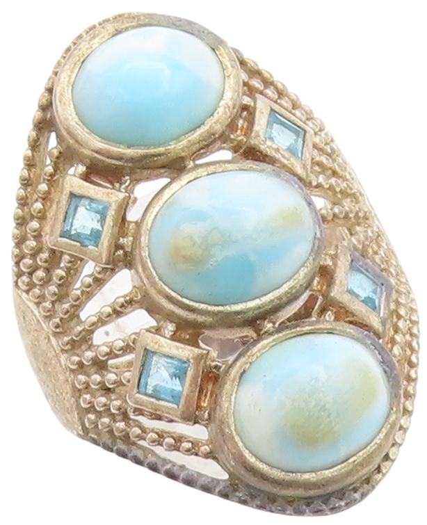 925 Sterling Silver Vintage Ring Bead Cutout Oval Larimar & CZ  Sz 10  RG31223