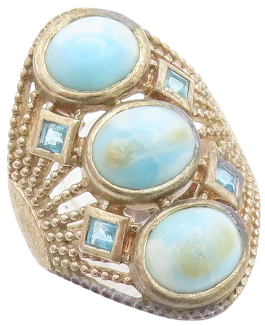 925 Sterling Silver Vintage Ring Bead Cutout Oval Larimar & CZ  Sz 10  RG31223