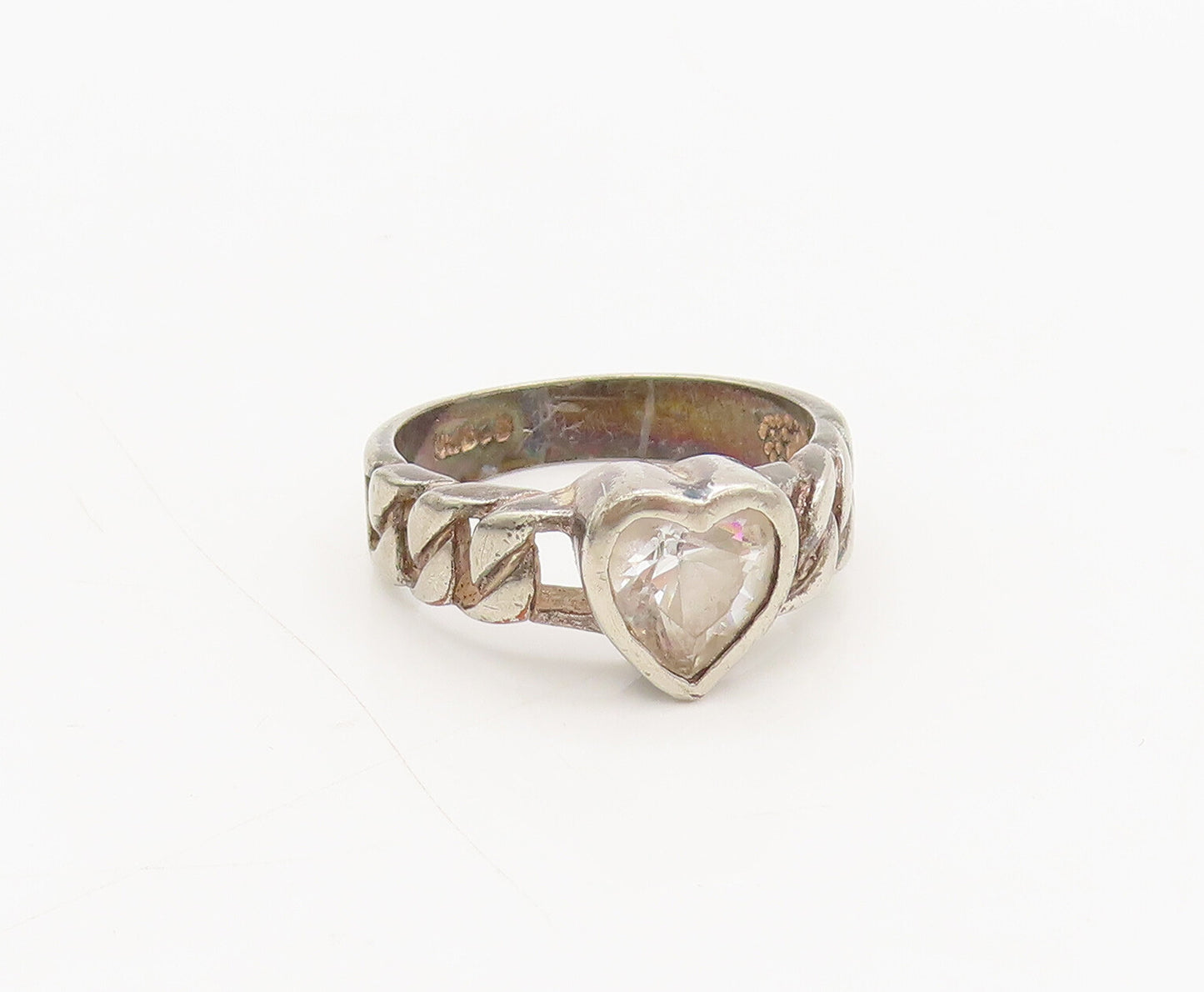 925 Silver  Vintage Lock Carved Band Heart Cutout Topaz Ring Sz 7  RG27014