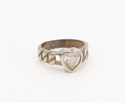 925 Silver  Vintage Lock Carved Band Heart Cutout Topaz Ring Sz 7  RG27014