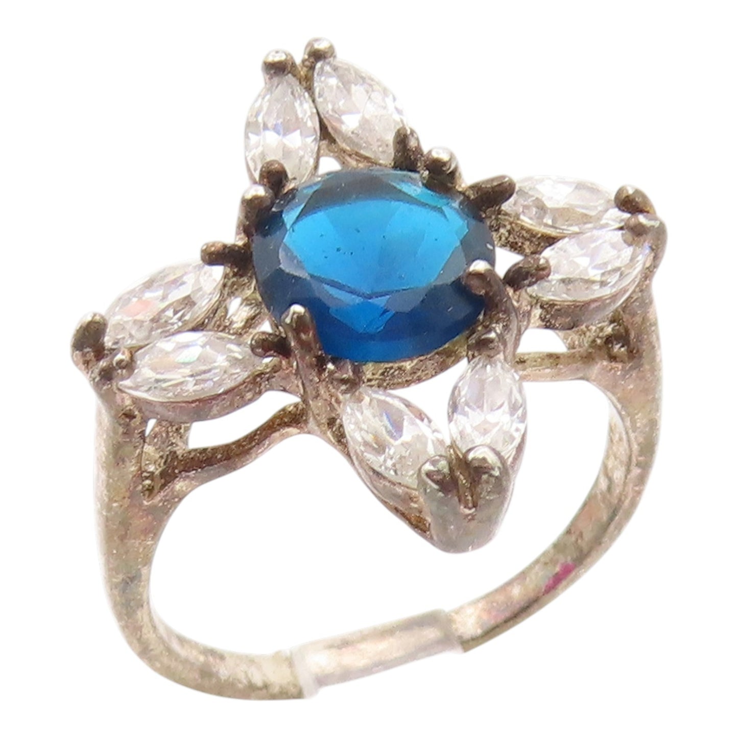 925 Sterling Silver Vintage Ring Blue & White Topaz Flower Band  Sz 8  RG35565