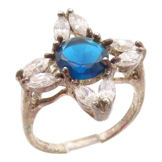 925 Sterling Silver Vintage Ring Blue & White Topaz Flower Band  Sz 8  RG35565