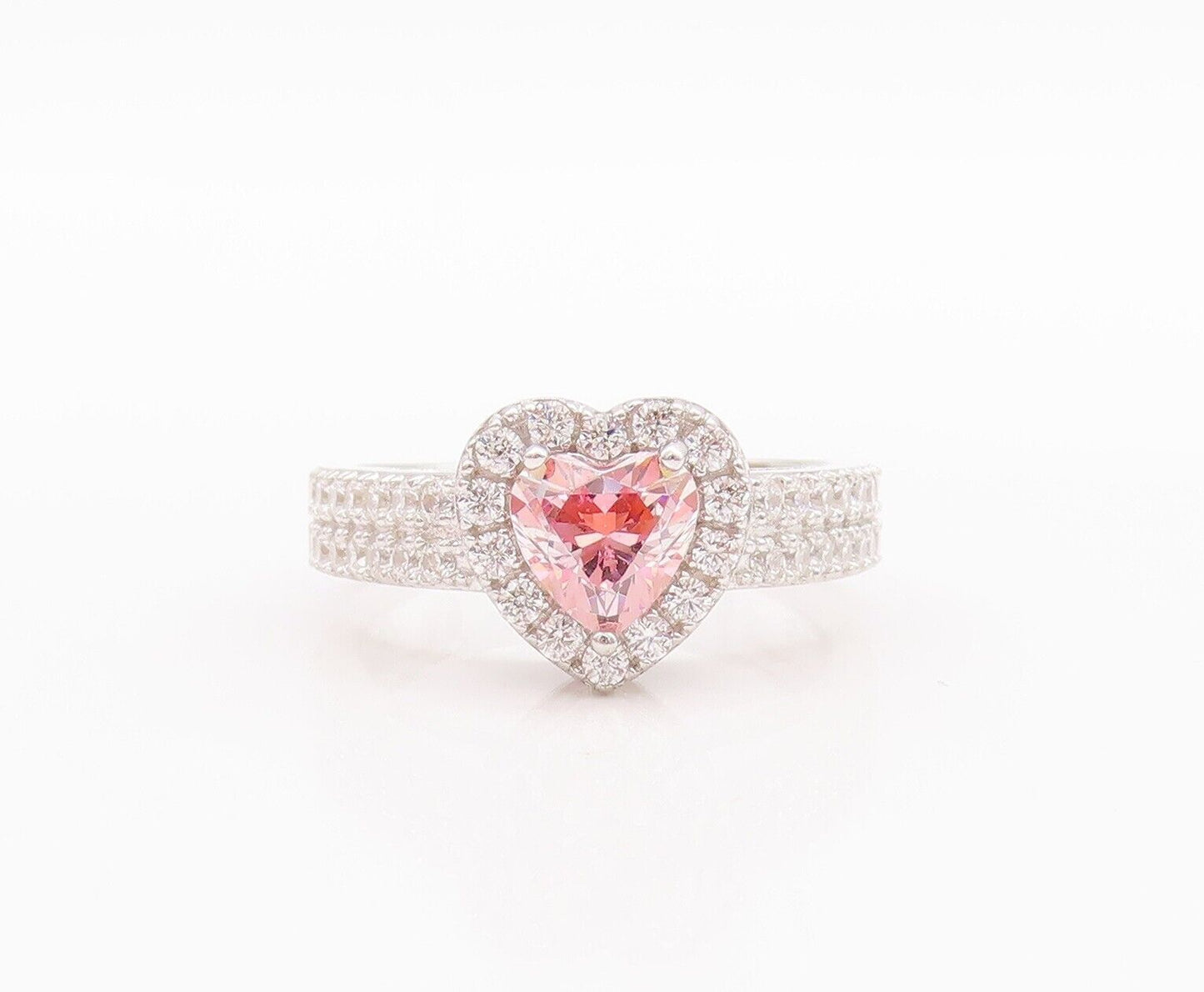 925 Sterling Silver Vintage Ring Pink & White Heart Carved CZ  Sz 7  RG28569
