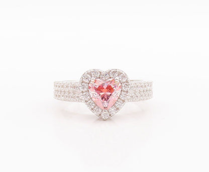 925 Sterling Silver Vintage Ring Pink & White Heart Carved CZ  Sz 7  RG28569