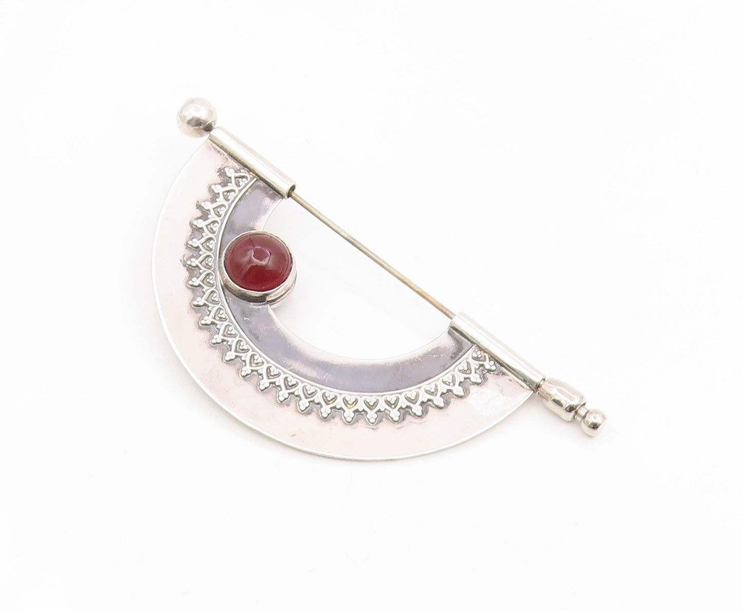 925 Sterling Silver Vintage Brooch Pin Round Cabochon Onyx & Carnelian  BP12431