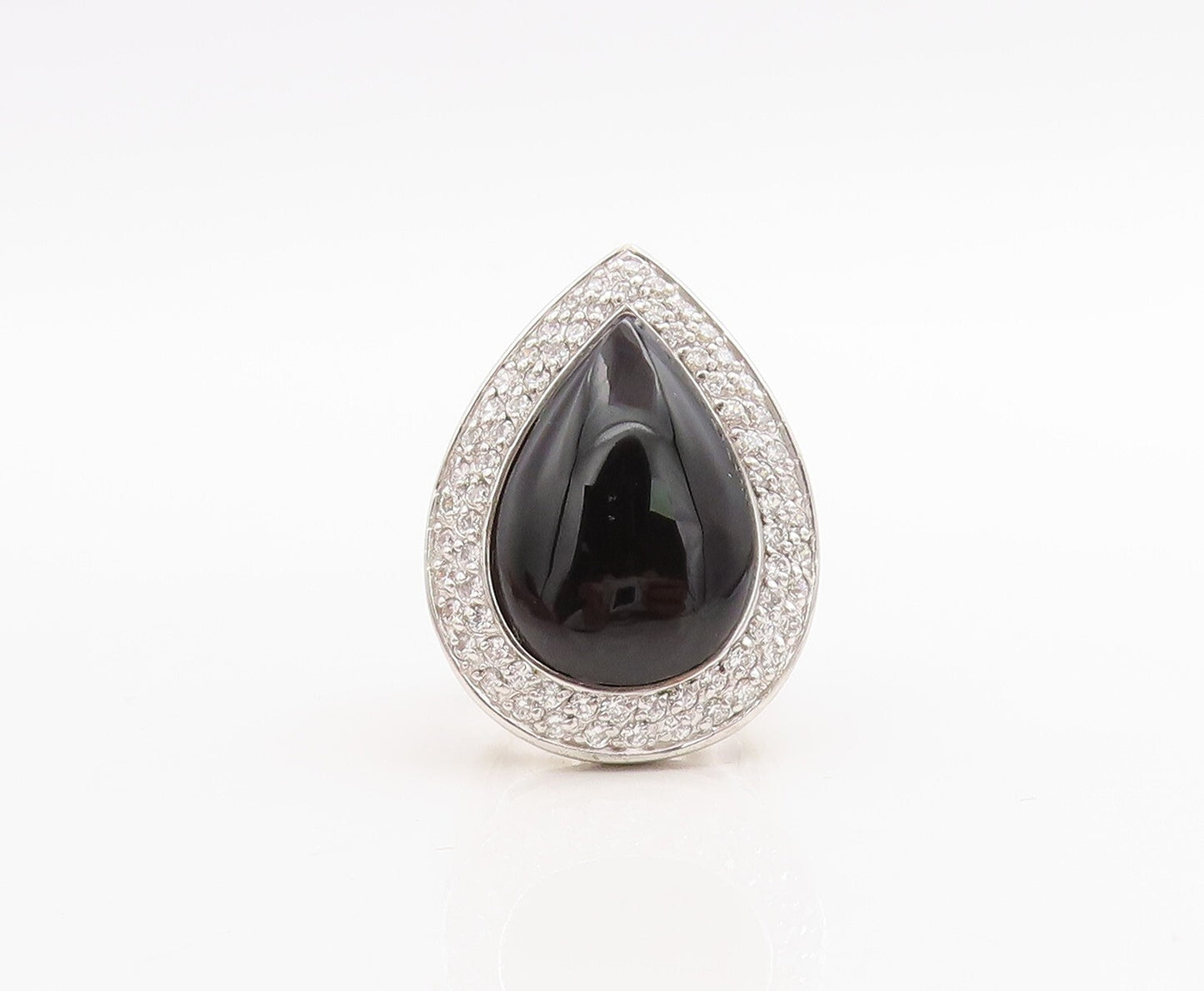 925 Sterling Silver Vintage Ring Drop Shape Cabochon Onyx Halo CZ  Sz 7  RG30553
