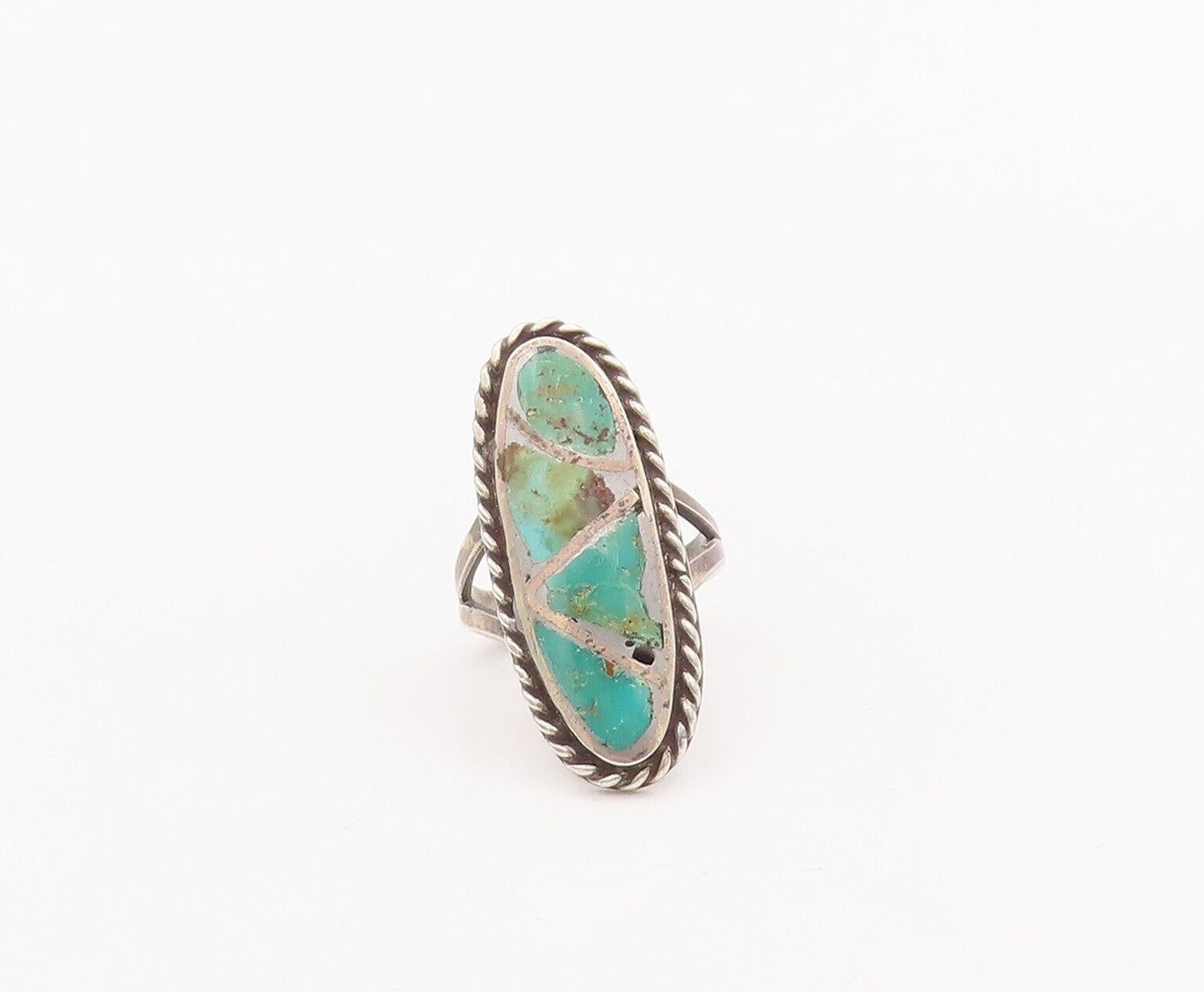 925 Sterling Silver Vintage Ring NAVAJO Oval Inlay Turquoise  Sz 6.5  RG28488