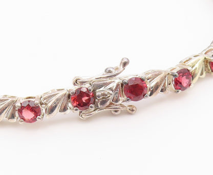 925 Sterling Silver  Vintage Prong Set Red Topaz Shiny Chain Bracelet  BT8316