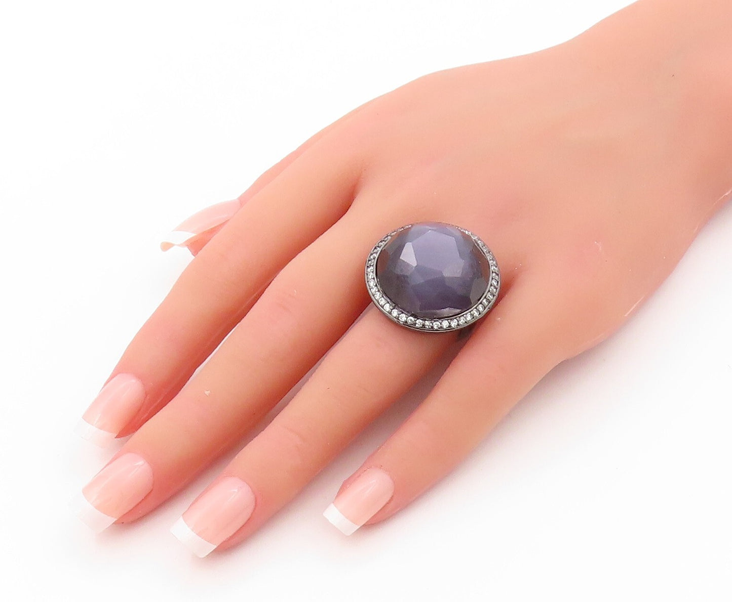 925 Sterling Silver Vintage Ring Large Purple Cat's Eye Halo CZ  SZ 6.5  RG31997