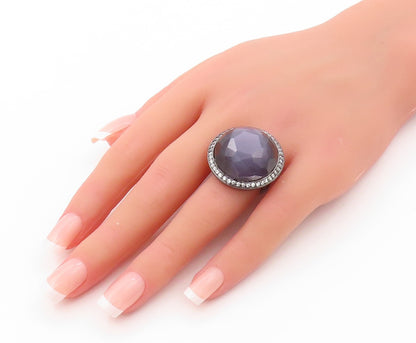 925 Sterling Silver Vintage Ring Large Purple Cat's Eye Halo CZ  SZ 6.5  RG31997