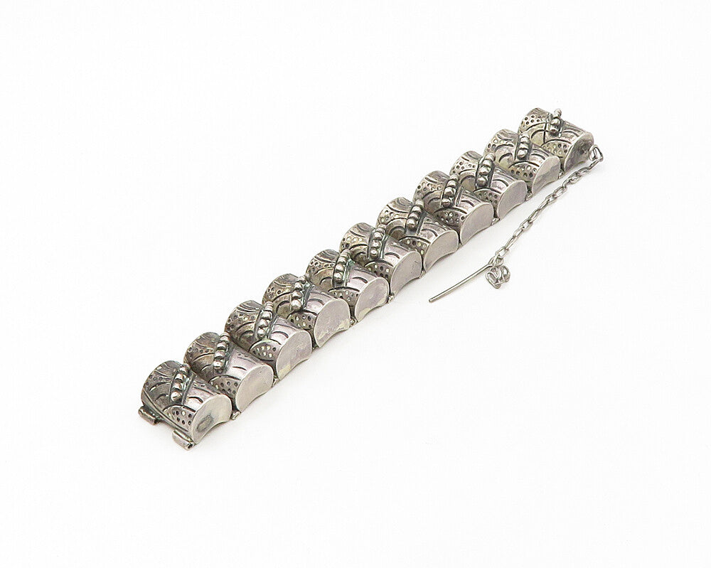 MEXICO 925 Silver Vintage Hollow Etched Dome Hinge Chain Bracelet BT6673
