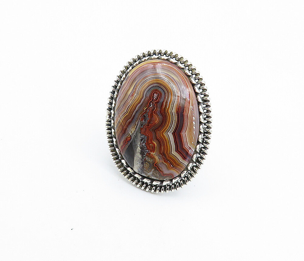 925 Sterling Silver Agate Shiny Twist Border Cocktail Ring Sz 8.5  RG8007