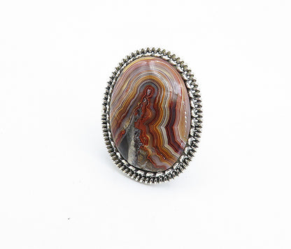 925 Sterling Silver Agate Shiny Twist Border Cocktail Ring Sz 8.5  RG8007