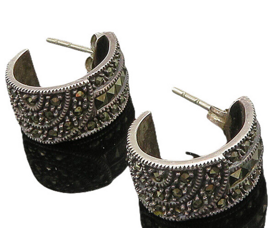 JUDITH JACK 925 Sterling Silver  Vintage Marcasite J Hoop Earrings  EG11427