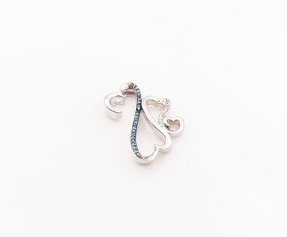 925 Silver  Vintage Genuine Blue & White Diamonds Love Hearts Pendant  PT19813