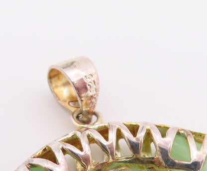 925 Sterling Silver Vintage Pendant Modernist Green Jade Disc With Beads PT26522