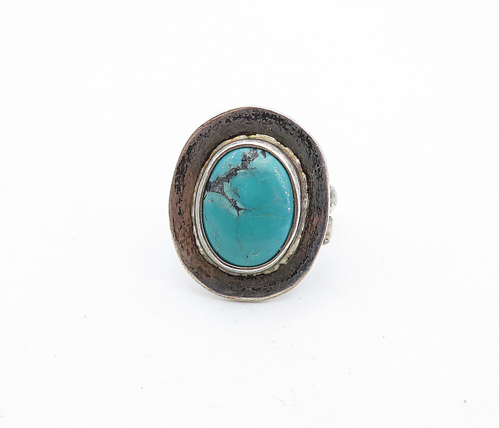 MEXICO 925 Silver  Vintage Turquoise Smooth Oval Cocktail Ring Sz 6  RG6942