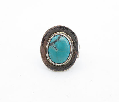 MEXICO 925 Silver  Vintage Turquoise Smooth Oval Cocktail Ring Sz 6  RG6942
