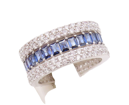925 Sterling Silver Vintage Ring Rectangle Sapphire & CZ Bands  Sz 7.5  RG30913