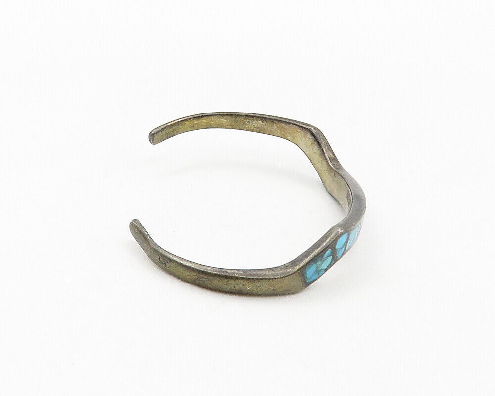 ZUNI 925 Sterling Silver  Vintage Inlaid Turquoise Petite Cuff Bracelet BT7804