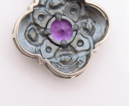 925 Sterling Silver Vintage Pendant Dark Tone Amethyst Floral Carved   PT24099
