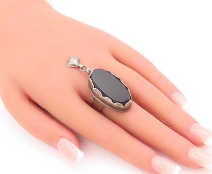 925 Sterling Silver Vintage Ring Oval Cabochon Onyx Dangling Charm Sz 8  RG28379