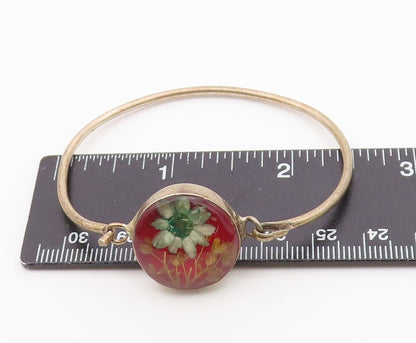 925 Sterling Silver  Vintage Flower Glass Art Bangle Bracelet  BT9652