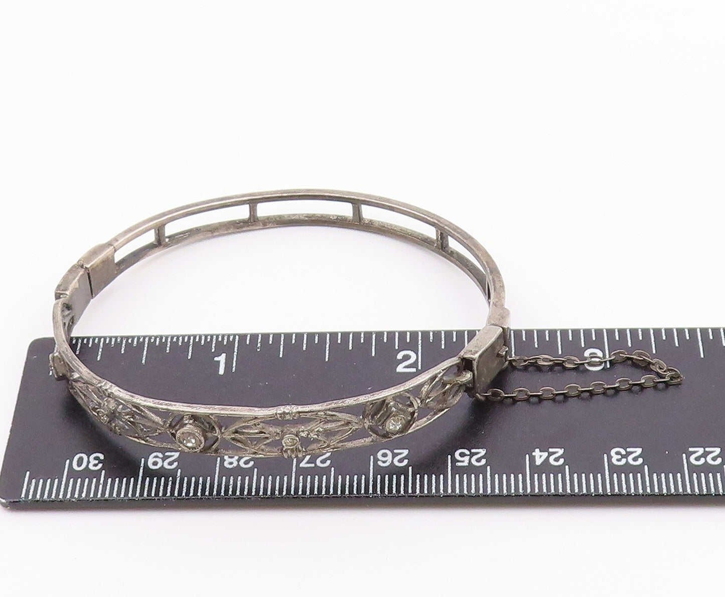 925 Sterling Silver Vintage Geometric Cutout Topaz Bangle Bracelet BT9383