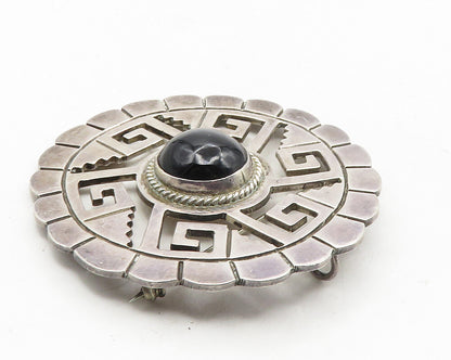 MEXICO 925 Silver  Vintage Antique Black Onyx Greek Key Brooch Pin  BP3967