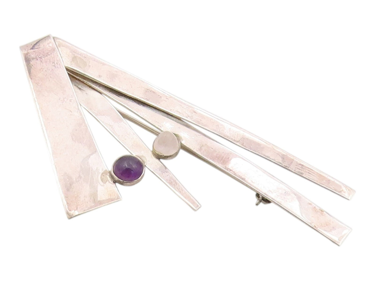 925 Sterling Silver Vintage Brooch Amethyst & Rose Quartz Modernist Pin  BP12575