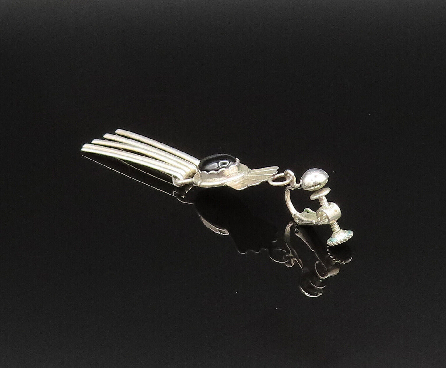 NAVAJO 925 Silver  Vintage Black Onyx Bar Dangle Screw Back Earrings  EG11950