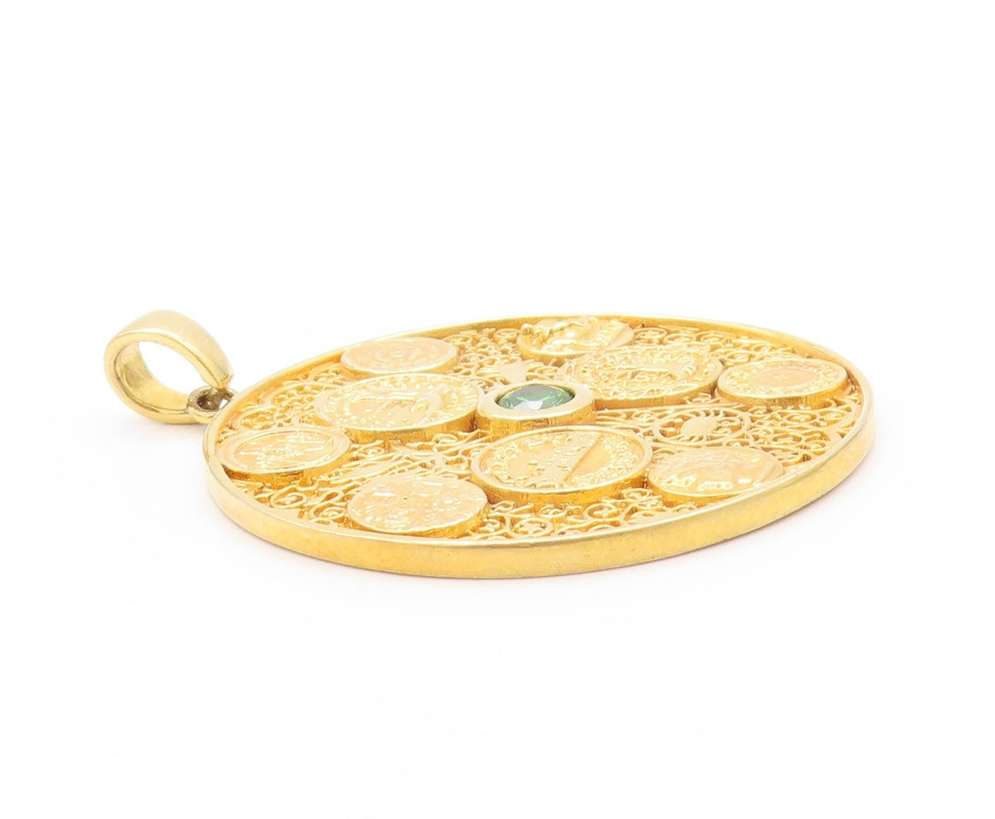925 Sterling Silver Vintage Pendant Gold Plated CZ Medallion Filigree  PT24189