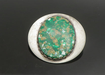 925 Sterling Silver  Vintage Green Enamel Art Smooth Oval Brooch Pin  BP9043