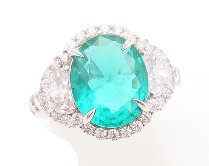 925 Sterling Silver Vintage Ring Oval Sea Green White & CZ Inlay  Sz 7  RG30369
