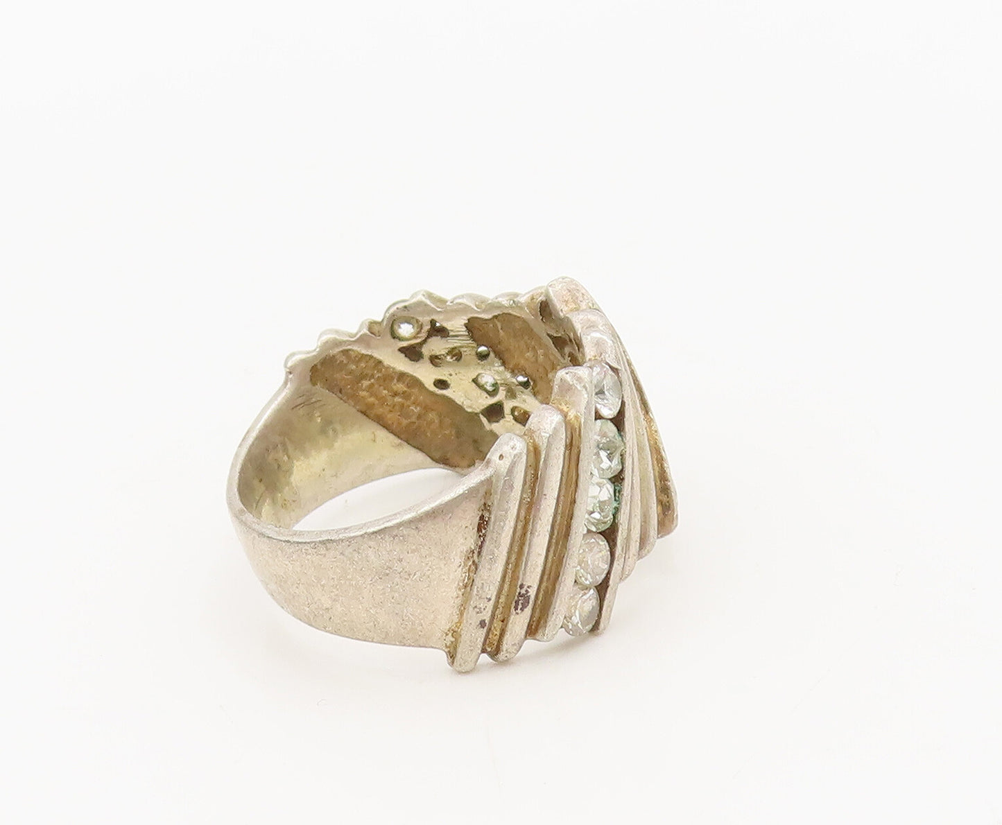 925 Sterling Silver  Vintage Slant Carved Striped Topaz Ring Sz 6.5  RG27205
