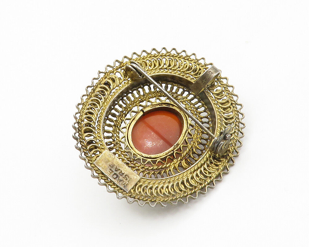 ISRAEL 925 Sterling Silver  Vintage Cabochon Cut Carnelian Brooch Pin  BP5748
