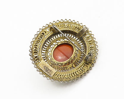 ISRAEL 925 Sterling Silver  Vintage Cabochon Cut Carnelian Brooch Pin  BP5748