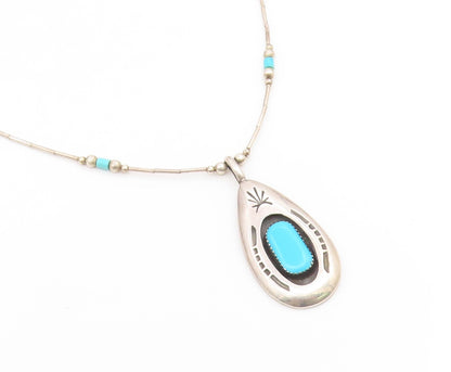 925 Sterling Silver Vintage Necklace NAVAJO ZUNI Turquoise Teardrop  NE4812