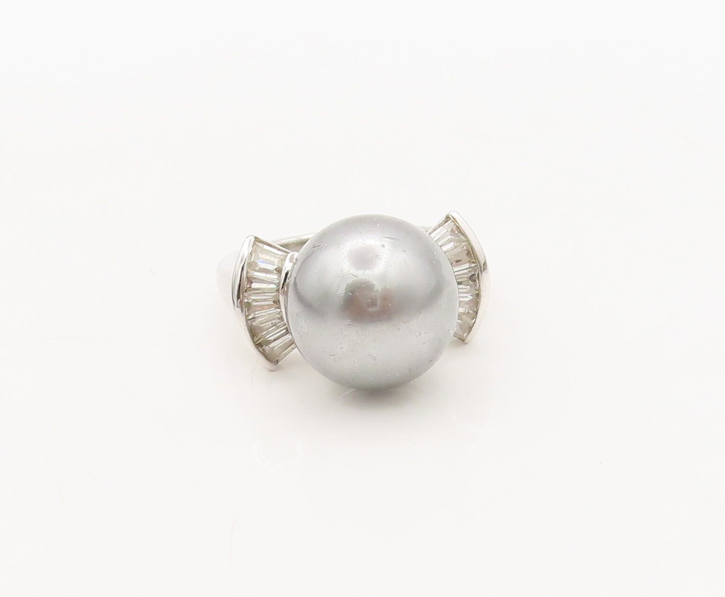 925 Sterling Silver Vintage Ring Large Pearl CZ Side Fan Effect Sz 6  RG27652
