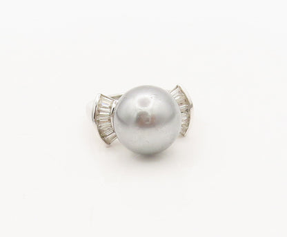925 Sterling Silver Vintage Ring Large Pearl CZ Side Fan Effect Sz 6  RG27652