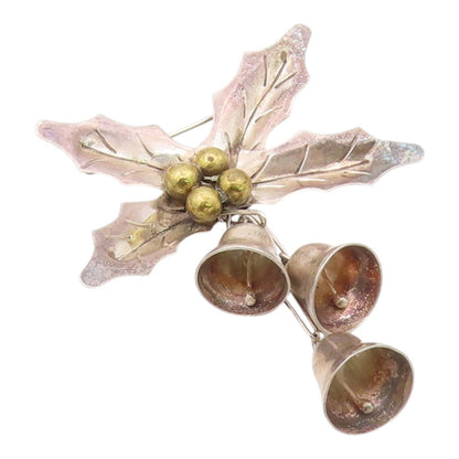 925 Sterling Silver Vintage Brooch Pin TAXCO MEXICO Bells & Holl Leaf  BP12559
