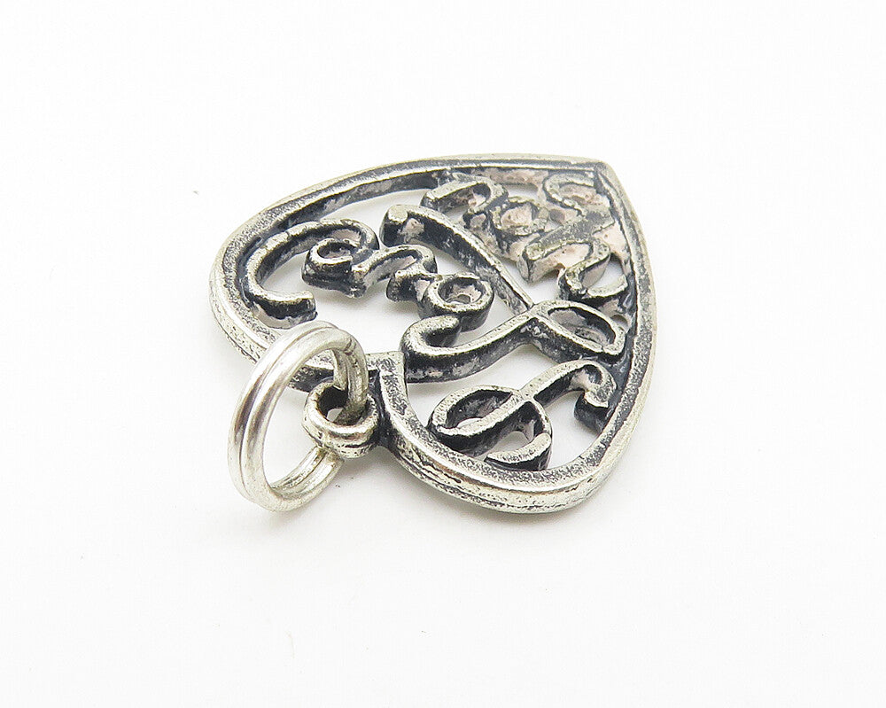 925 Sterling Silver  Vintage Dark Tone I Love You Heart Drop Pendant  PT8614