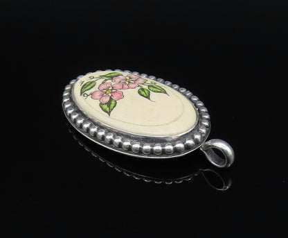 NAVAJO 925 Silver  Vintage Beaded Edge Floral Enamel Art Drop Pendant  PT21527