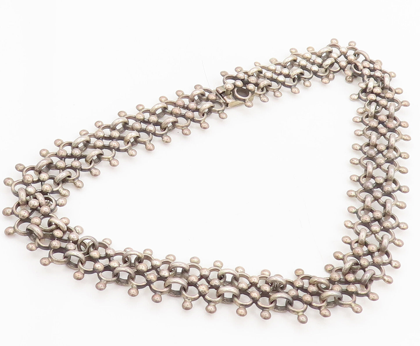 MEXICO 925 Silver  Vintage Beaded Ring Link Double Chain Necklace  NE4052