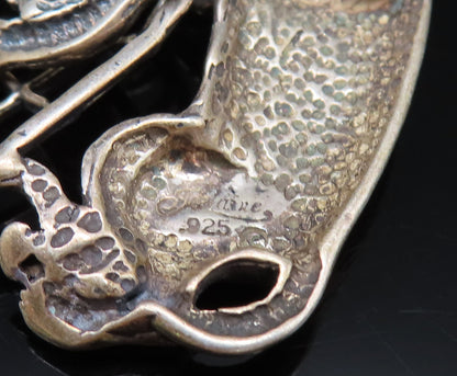 JEZLAINE 925 Silver  Vintage Carved Cat With Bird Cage Brooch Pin  BP9785