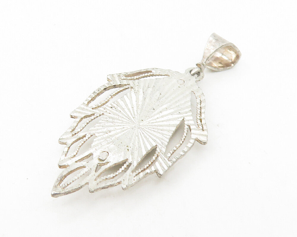 925 Sterling Silver  Vintage Enamel Detail Cutout Floral Leaf Pendant  PT9233