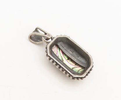 925 Sterling Silver Vintage Pendant Carved Domed Rectangular Abalone  PT22515