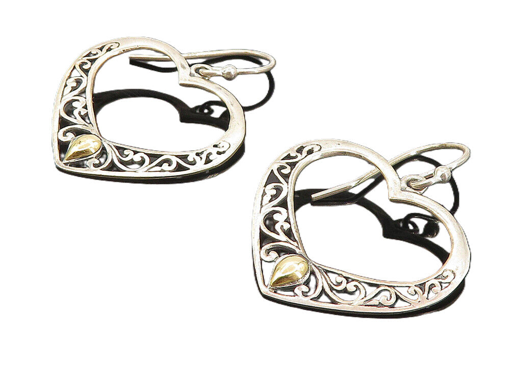 925 Silver & 18K GOLD  Vintage Two Tone Open Love Heart Drop Earrings  EG3865